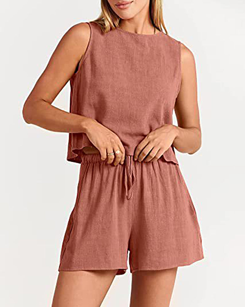 Zeagoo Piece Outfits Sets Sleeveless Crop Top Tank Shorts Sets - Pink L-