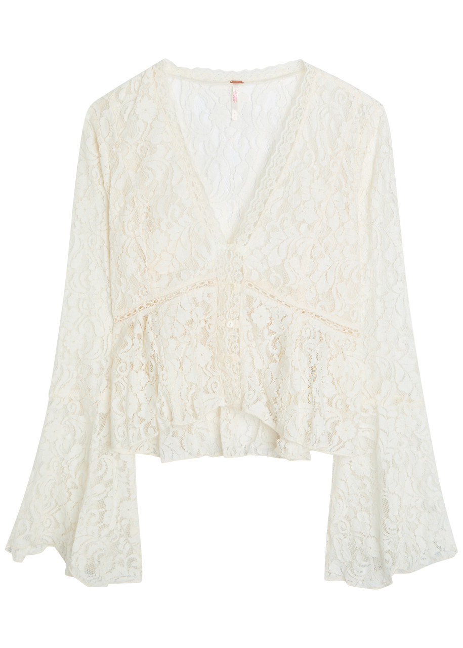 Free People Whispering Love Lace Cropped Blouse - Cream - S - S