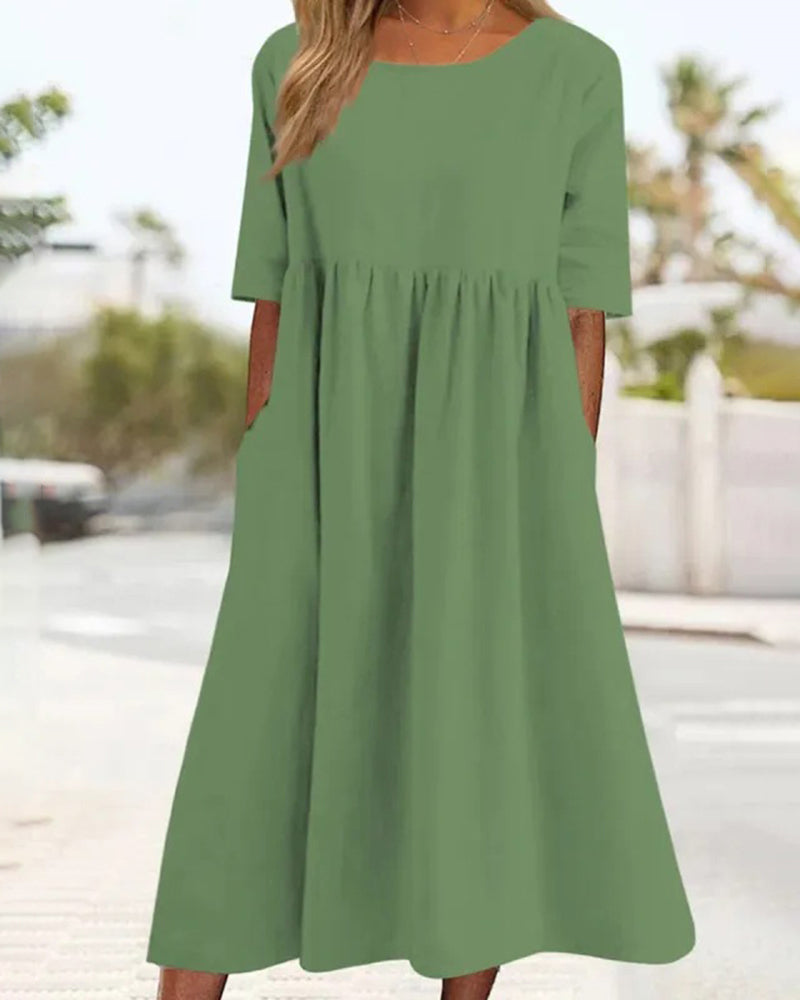 Zeagoo Women's Beach Short Sleeve Scoop Neck Ruffle Swing Casual Boho Midi Dress with Pockets - Light Green