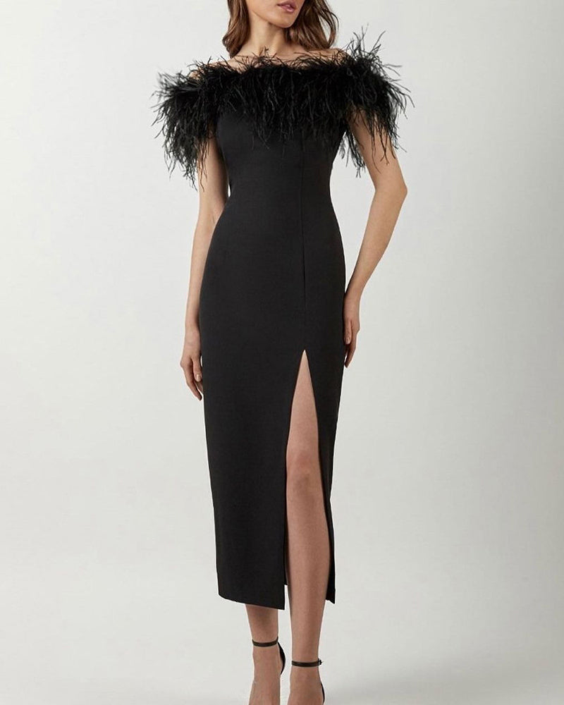Off Shoulder Faux Fur Split Long Dress Wedding Evening Party Dress - Black S