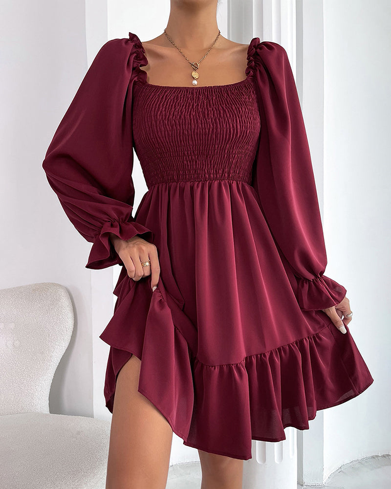 Square Neck Long Sleeve Shirred Ruffle Hem Dresses High Waist A Line Knee Length Elegant Mini Dress - Wine Red L-