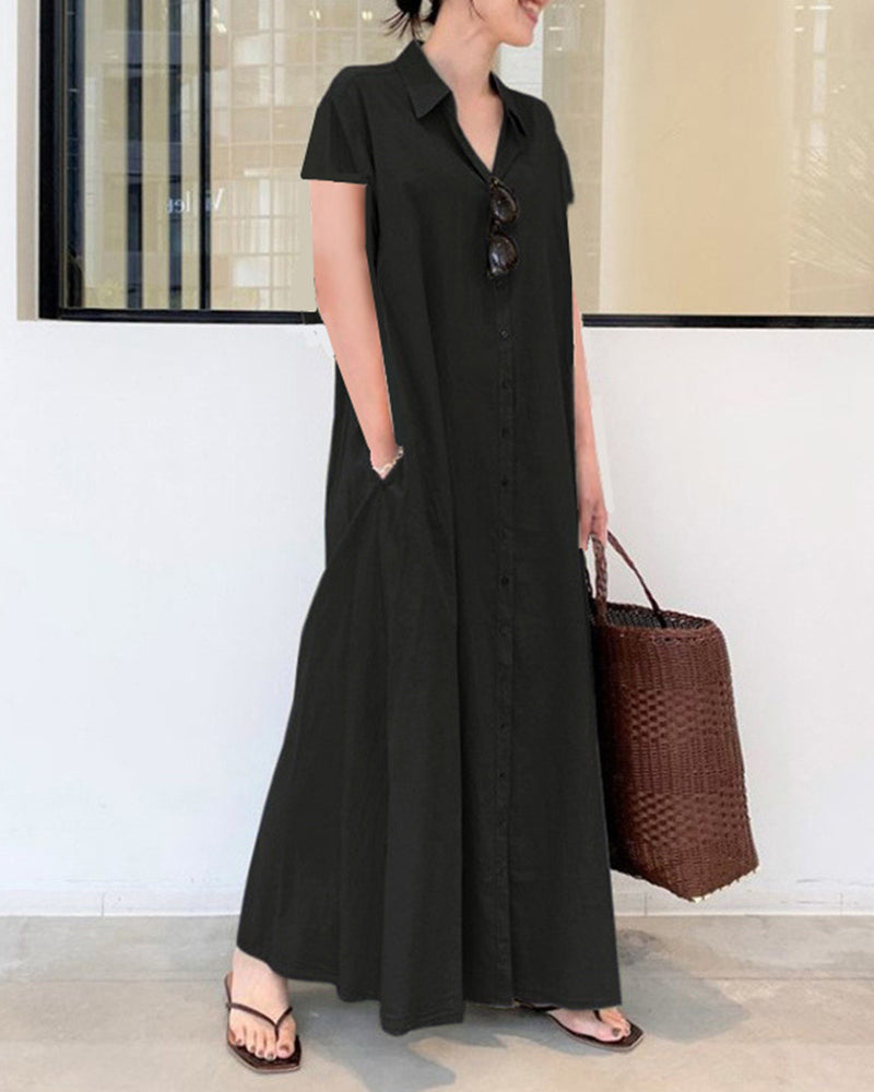 Zeagoo Women's Casual Loose Short Sleeve Beach Dress Solid Color Loose Temperament Long Shirt Dress - Black