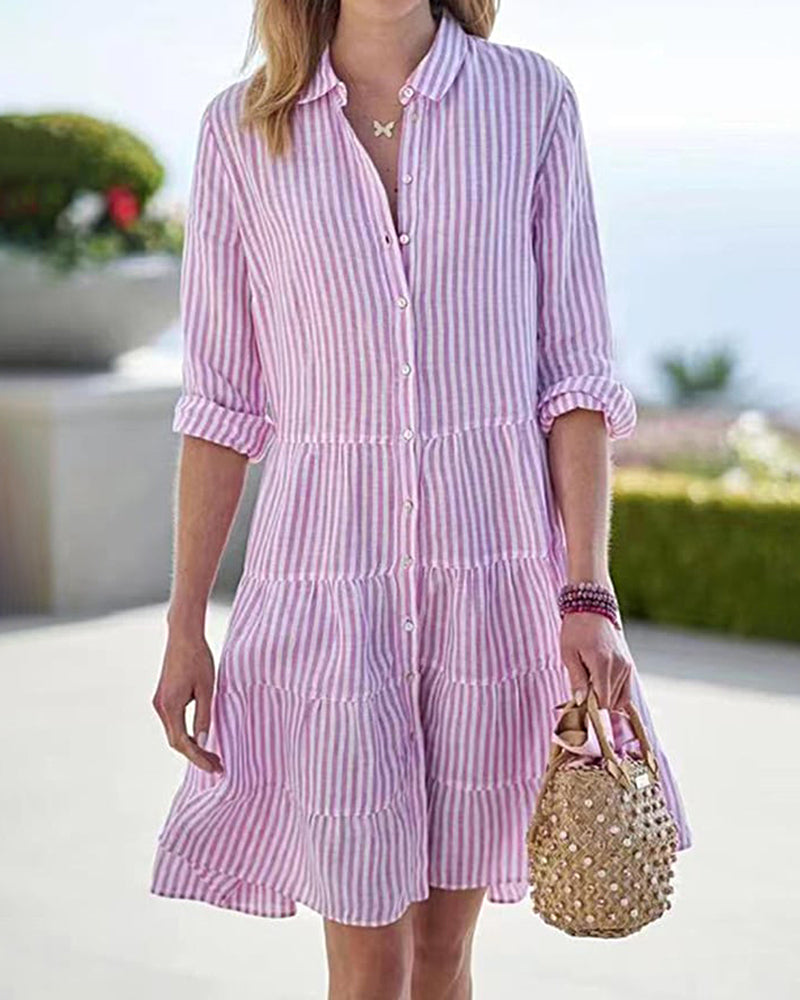 Long Sleeve Lapel Stripe Layered Panel Hem Shirt Dress - Pink