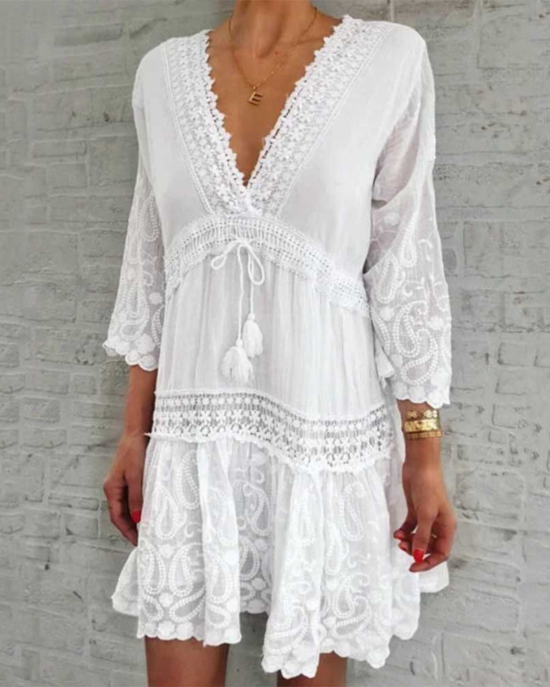 Floral Print A-line Party Dress Spring Summer V neck Lace Tassel Mini Solid Color Boho Dresses - White S