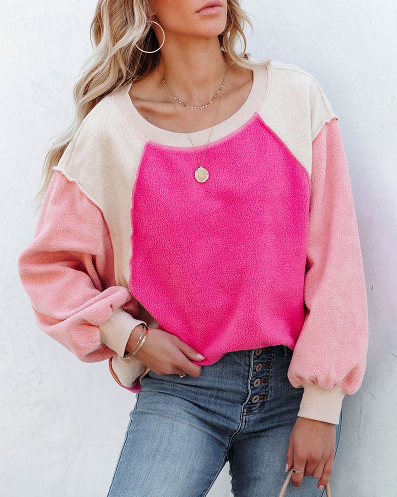 Zeagoo Colorblock Bishop Sleeve Sweatshirt Plush Stitching Jumper Crop Top - Rose Red