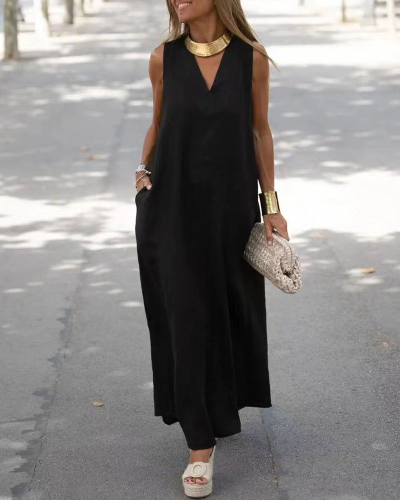 V Neck Pocket Loose Long Boho Dress Summer Sleeveless Tank Beach Dress - Black L-