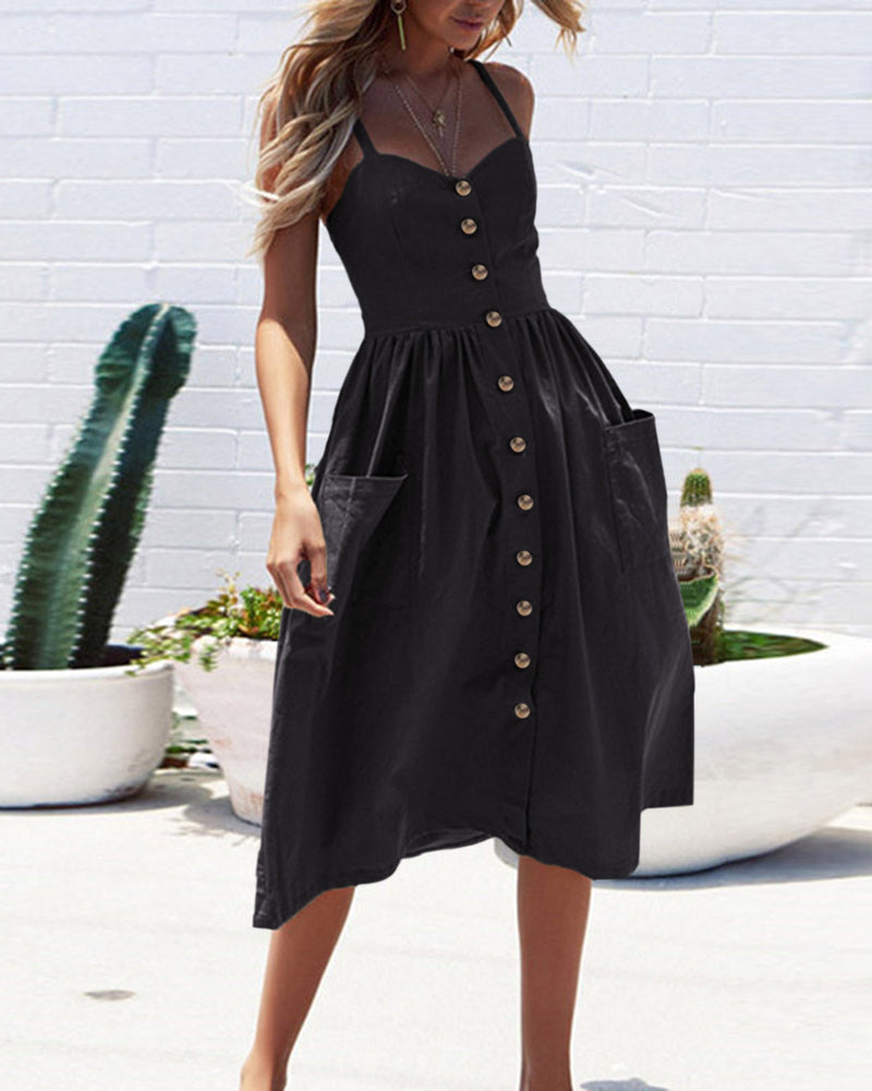 Solid Color Strap Open V-Neck Back Women's Dress with Pockets - Black L-