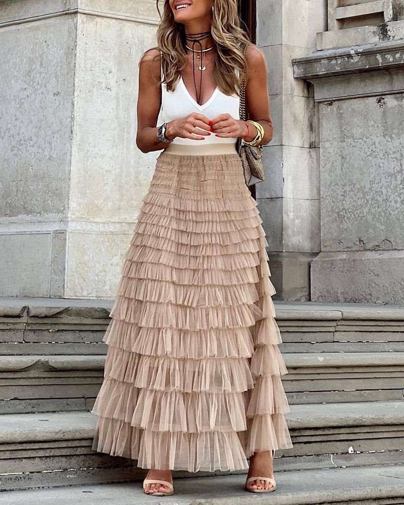 Zeagoo Women's A-Line Patchwork Mesh Cake Skirt Casual Solid Color High Waist Loose Ruffled Pleated Long Tulle Skirt - Khaki M