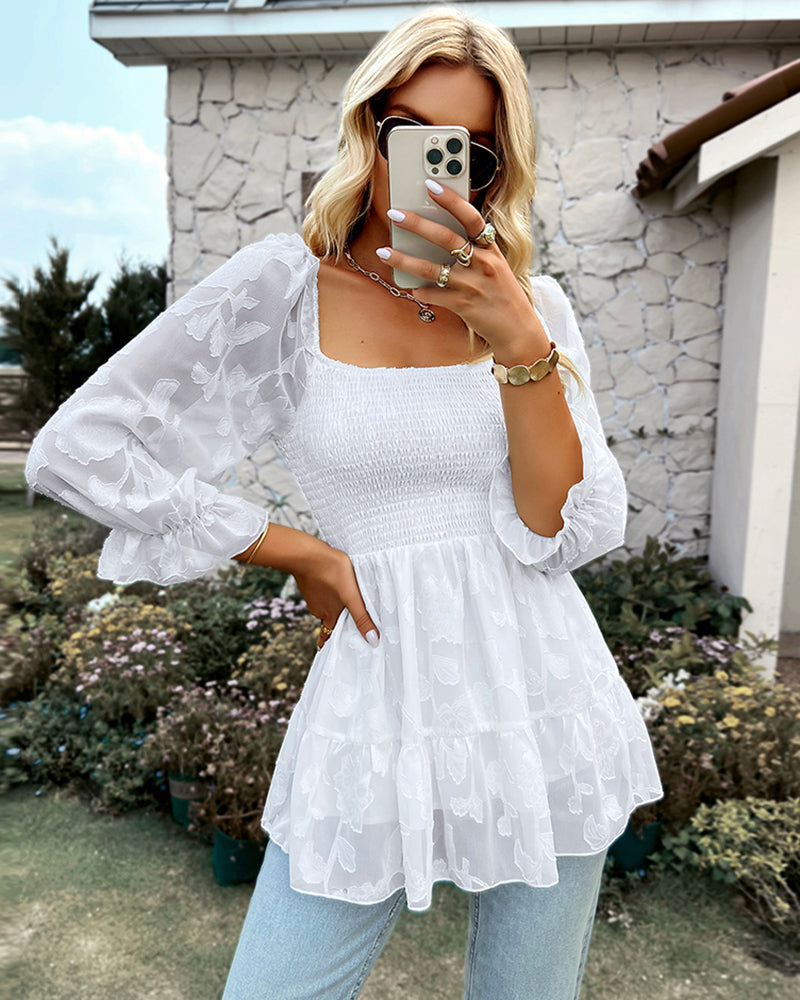 Zeagoo Frill Blouse Crop Top Vintage Square Neck Long Sleeve Ruched Shirt - White