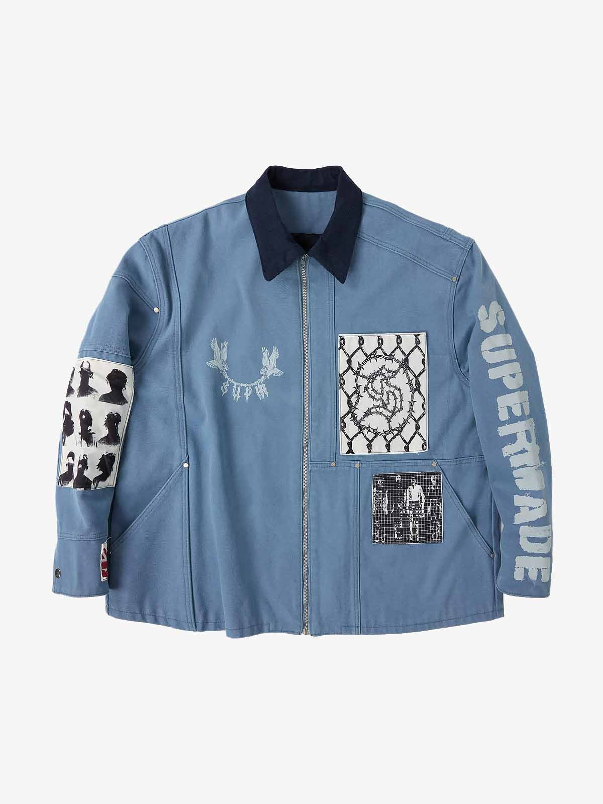 Supermade Multi-Element Appliqué Patchwork Denim Suit - - Blue Jacket