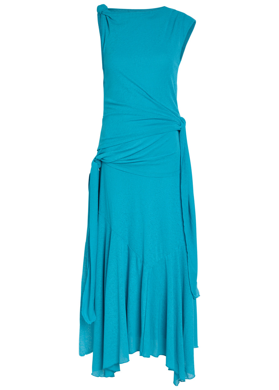 Ganni Draped Asymmetric Mesh Midi Dress - Light Blue - M