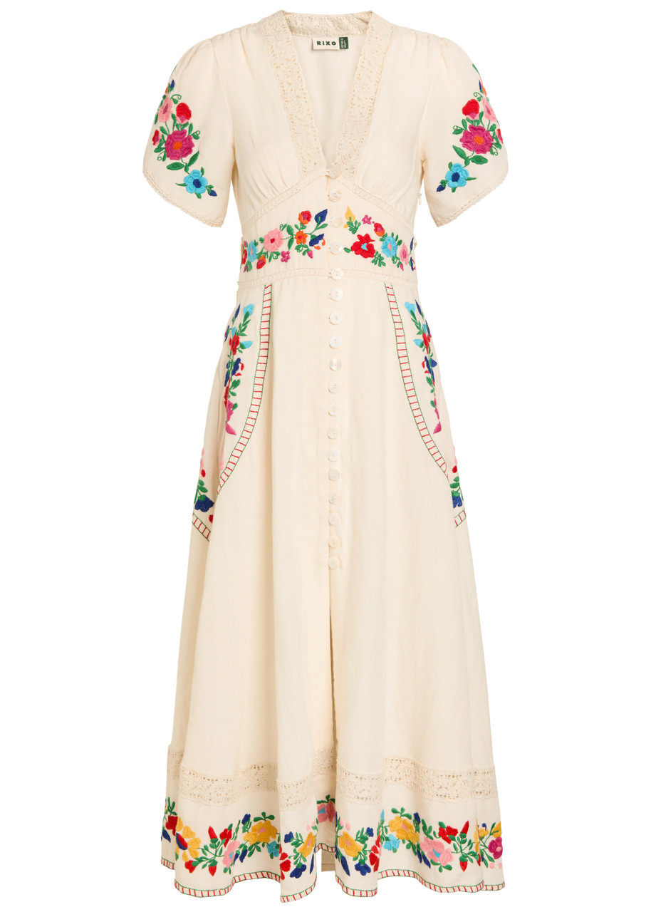 Rixo Novara Floral-embroidered Linen-blend Midi Dress - White - M