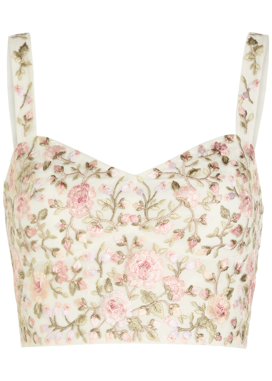 Needle & Thread Eden Rose Floral-embroidered Tulle Crop top - White - S