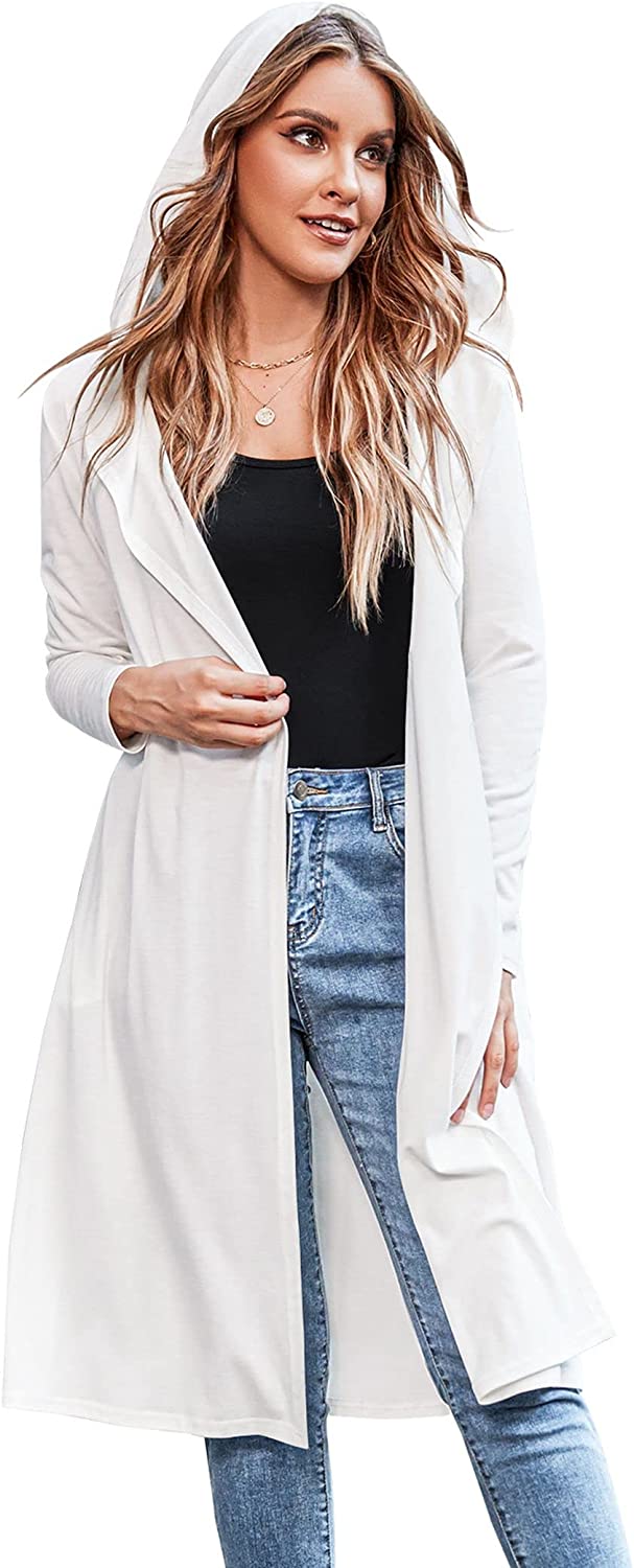 Hooded Long Cardigans Maxi Cardigan with Hood Open Front Lightweight Duster Coat with Pocket - Zeagoo- White