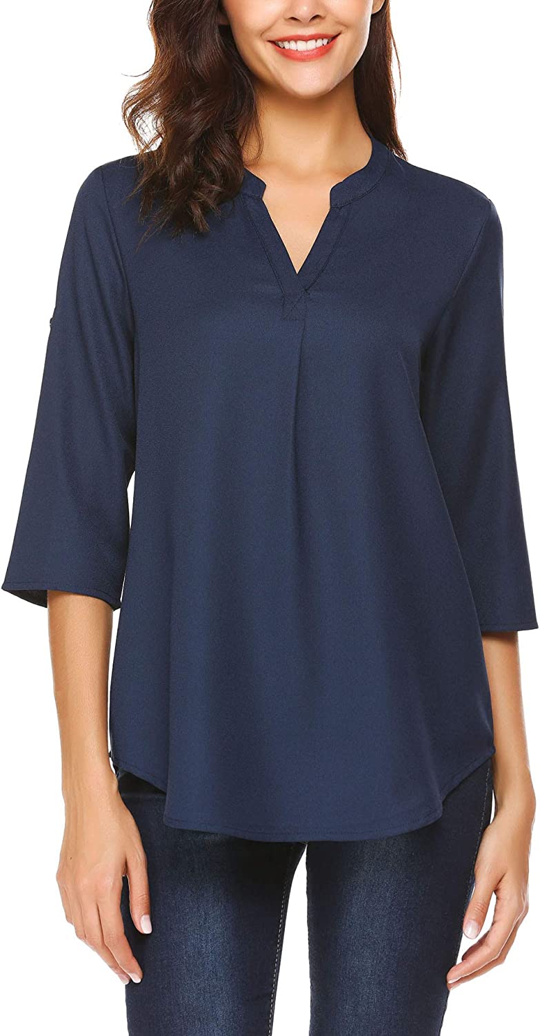Women's Business Casual V Neck Cuffed Sleeves Work Blouse Top - Zeagoo- Navy Blue S