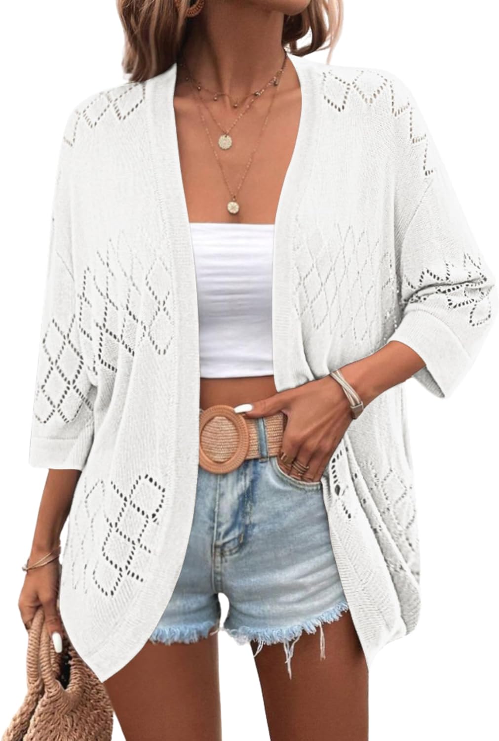 Zeagoo Womens Lightweight Crochet Cardigan Sweaters Open Front Sleeve Knit Kimono Summer Boho Cover Up - A-white