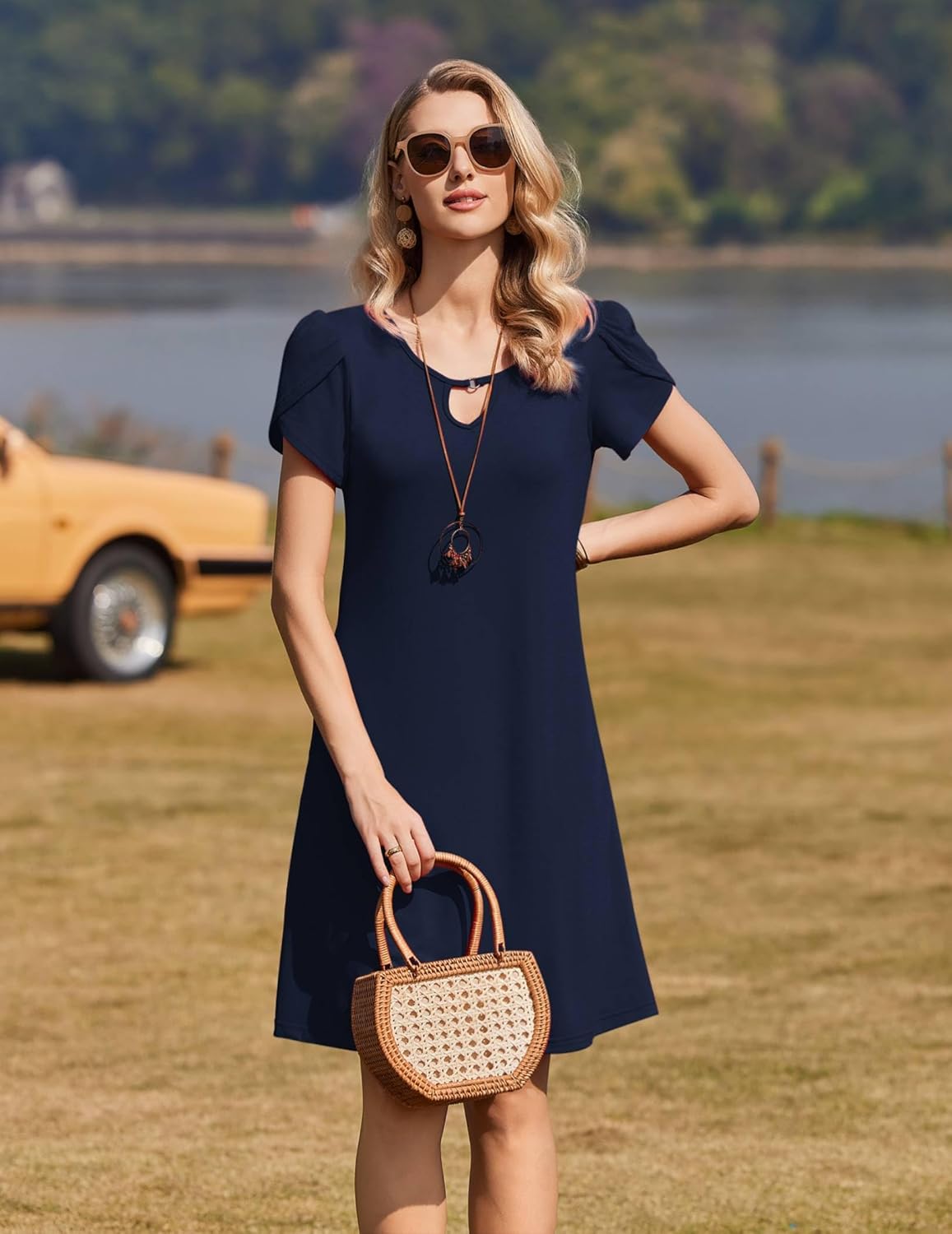Zeagoo Women's Summer Round Neck Floral Shirt Dress