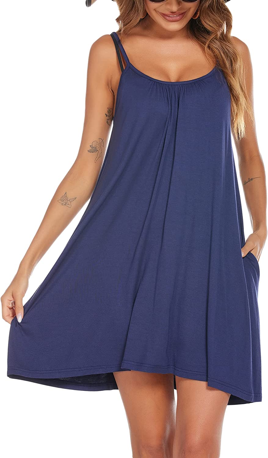 Spaghetti Strap Flowy Pleated Mini Dress - Zeagoo- Royal Blue M