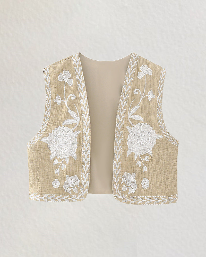 Retro Floral Embroidered Gillet Ethnic Weatern Vest Jacket Sleeveless Cardigan Crop Top - PAT