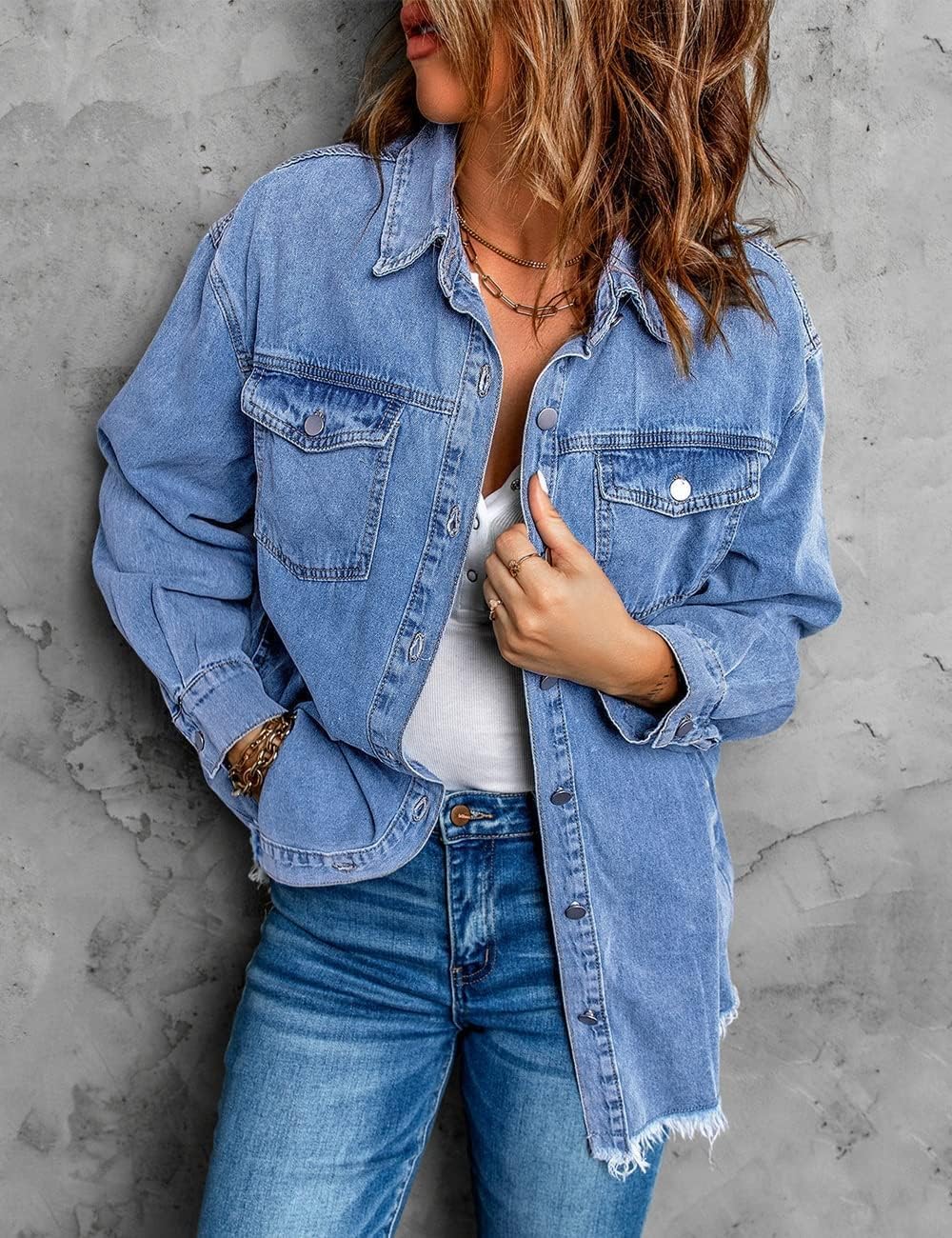 Zeagoo Jean Jackets Ripped Stretchy Denim Jean Jacket - Sky Blue M
