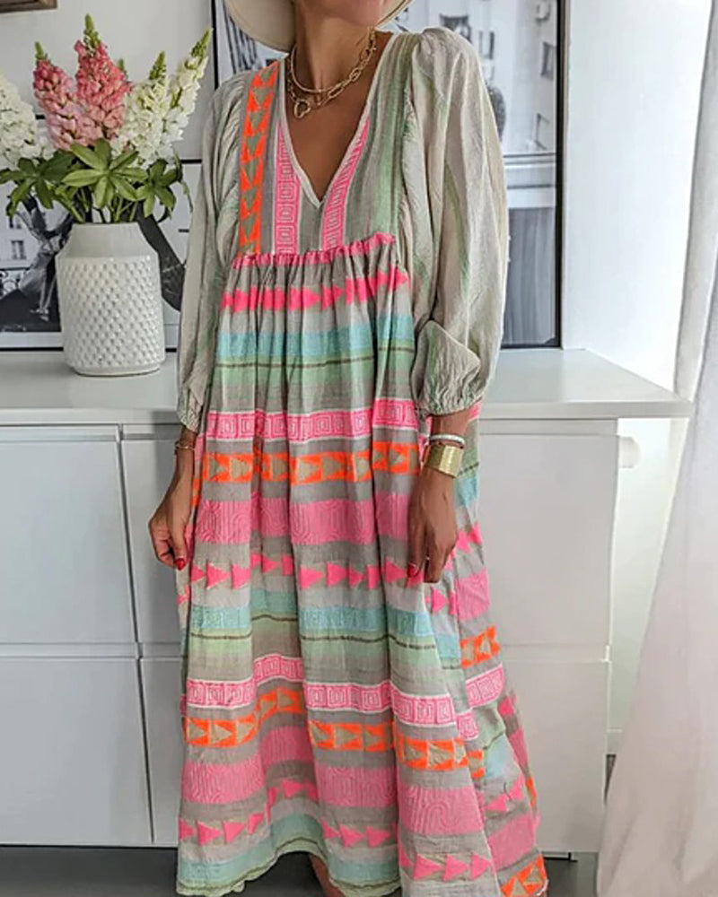 Geometric Color Block Bohemian Casual Pleated Patchwork Long-sleeved V-neck Dress - PAT