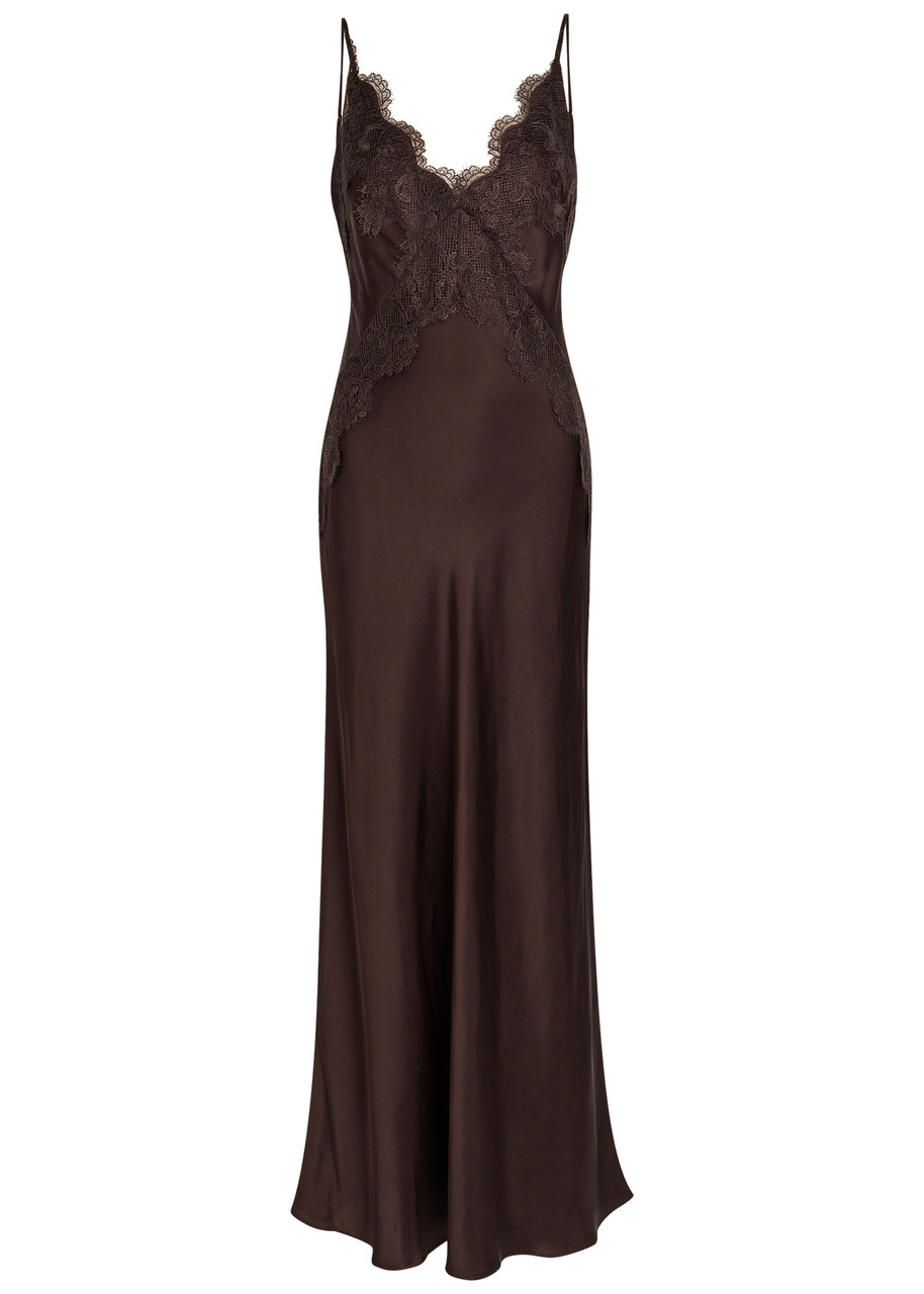Shona Joy Simona Lace-trim Satin Maxi Dress - Dark Brown - L