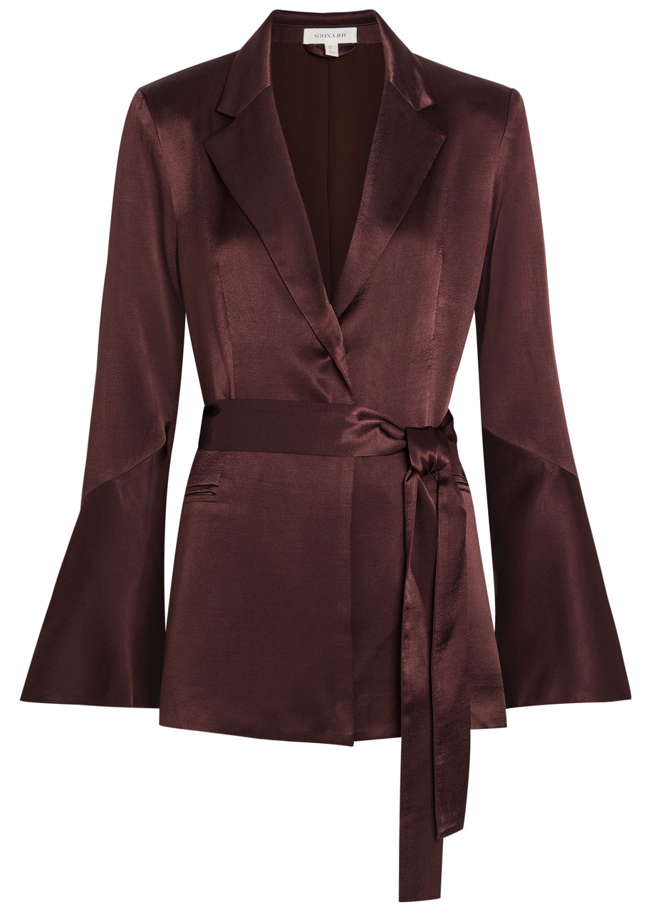 Shona Joy La Lune Flared Belted Satin Blazer - Dark Brown - L