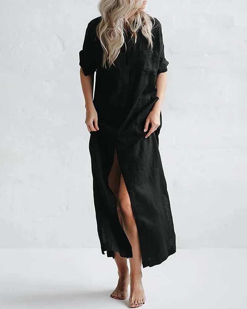 Zeagoo Women's Cotton and Linen Shirt Dress Casual Loose Maxi Dresses - Black M