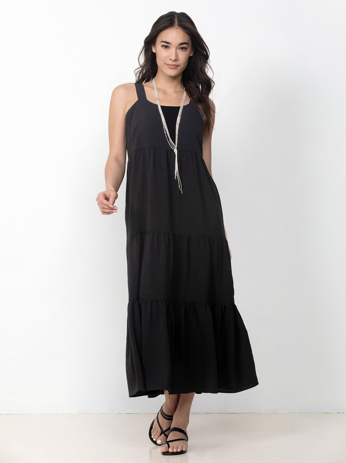 Single Stitch Tiered Maxi Dress, Black Medium