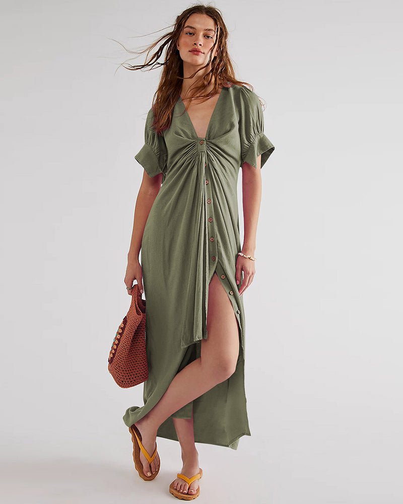 V Neck Short Sleeve Button Down Blouse Dress Tie Casual Long Maxi Dresses - Army Green M