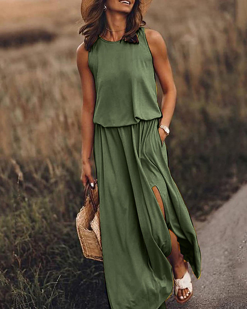 Zeagoo Women's Crewneck Sleeveless Split Maxi Dress Casual Loose Sundress Long Flowy Beach Dress with Pockets - Army Green