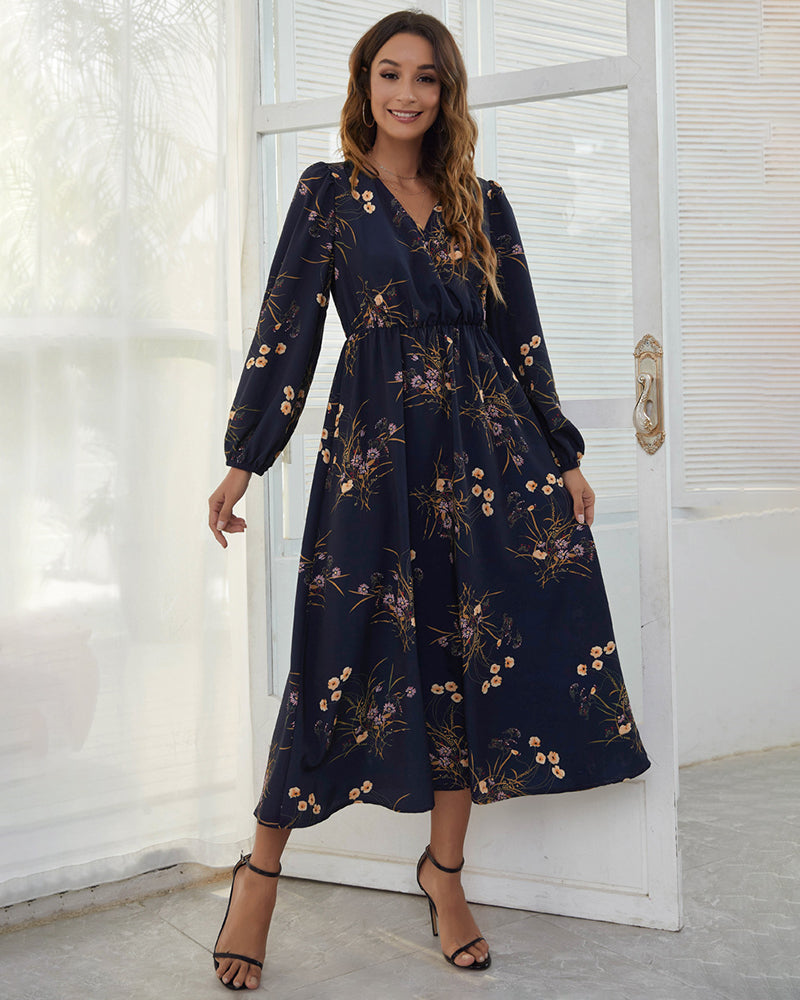 V Neck Long Sleeve Floral Print Maxi Dress - Navy blue S