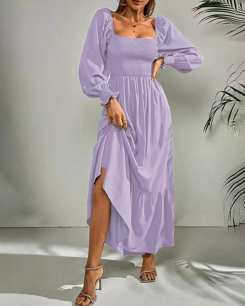 Solid Color Long Sleeve Dress Square Neck Lotus Leaf Maxi Dress - Purple S