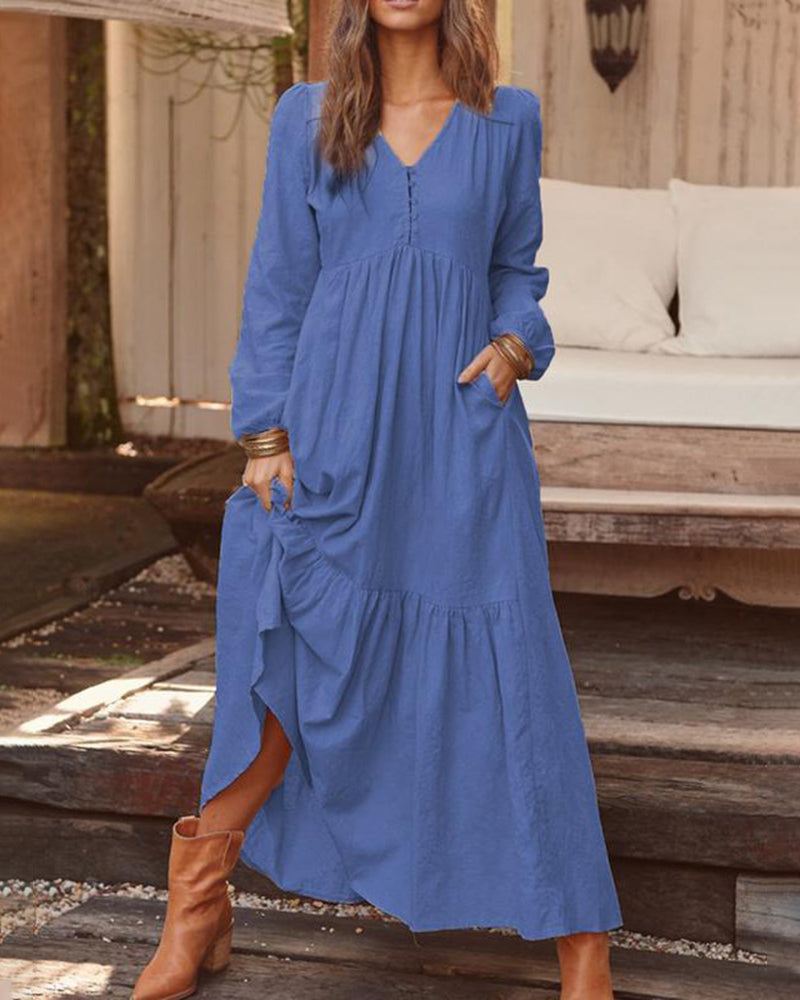 Loose Long Sleeve Dress V Neck Button Beach Sundress - Blue