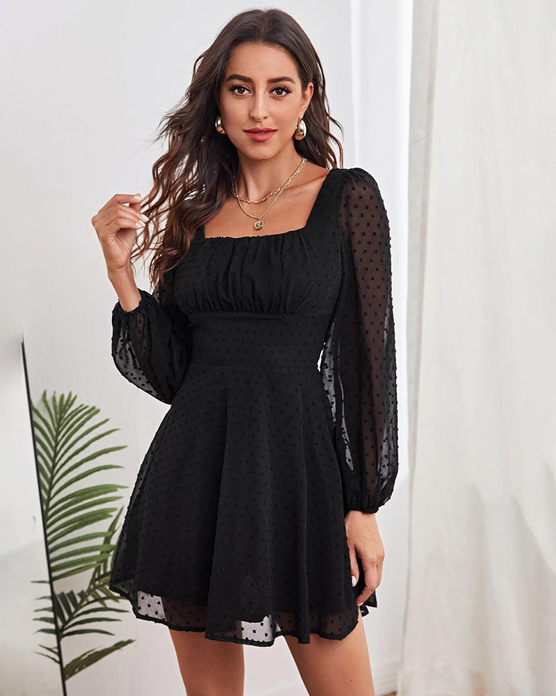Unity Polka Dot Lantern Sleeve Ruched Chest Dress - Black L-