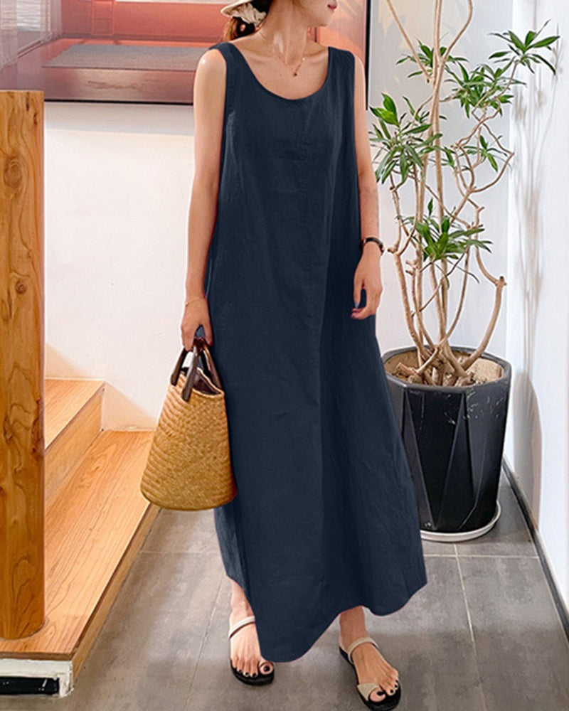 Sling Long Dress Loose Pocket Round Neck Sleeveless Dress - Navy blue