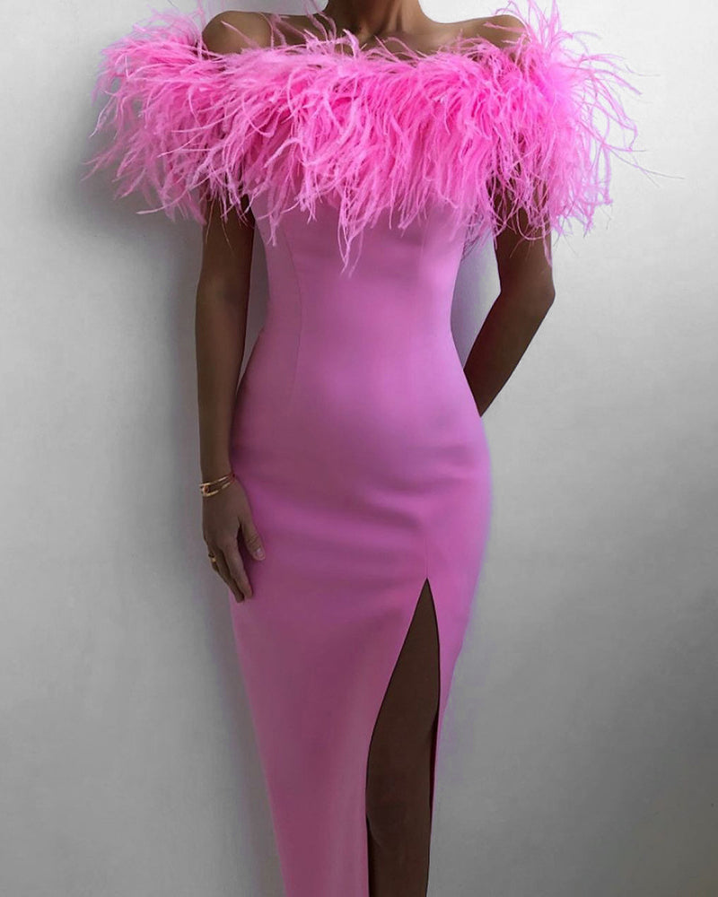 Off Shoulder Faux Fur Split Long Dress Wedding Evening Party Dress - Pink