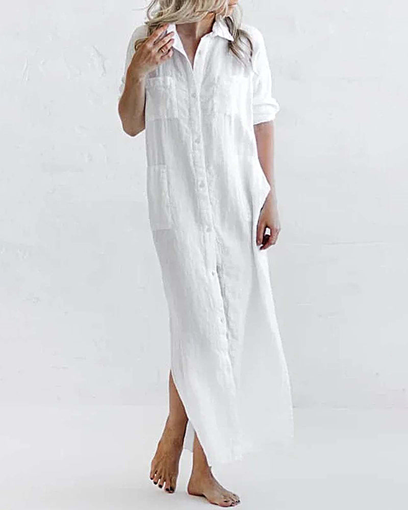 Zeagoo Women's Cotton and Linen Shirt Dress Casual Loose Maxi Dresses - White