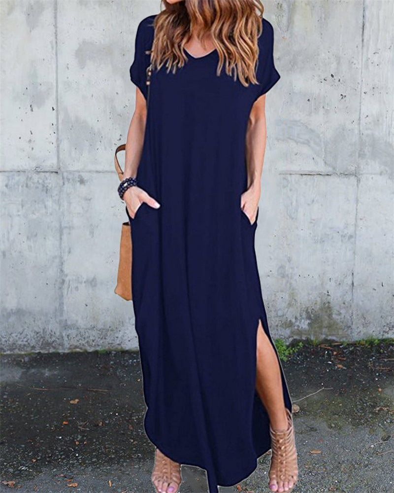 Floral Puff Sleeve Dress Elastic Waist Open Back Casual Dresses Side Split Midi Flowy Dresses - Navy blue M