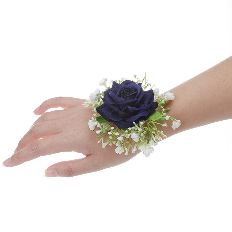 White Imitation Wrist Flower Bride Bridesmaid Sister Group Hand Flower Dress Brooch Corsage, CG - Wrist Flower Blue