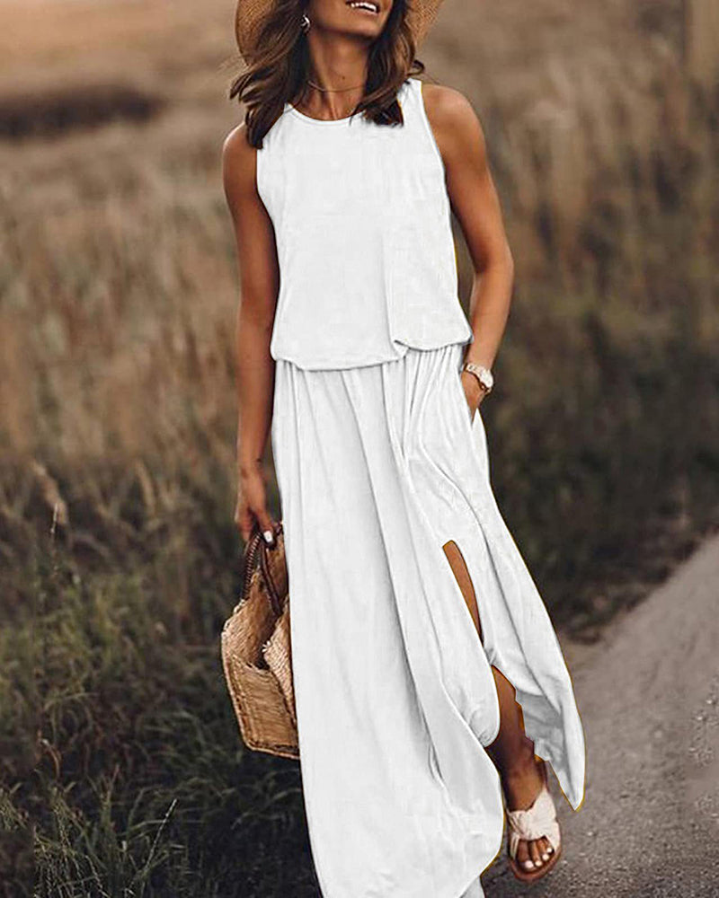 Zeagoo Women's Crewneck Sleeveless Split Maxi Dress Casual Loose Sundress Long Flowy Beach Dress with Pockets - White