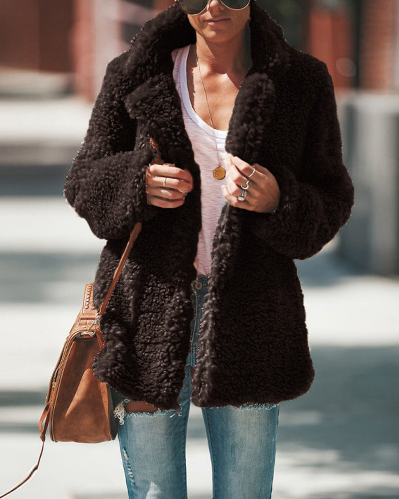 Plush Coat Lapel Long Sleeved Cardigan Jacket - Brown