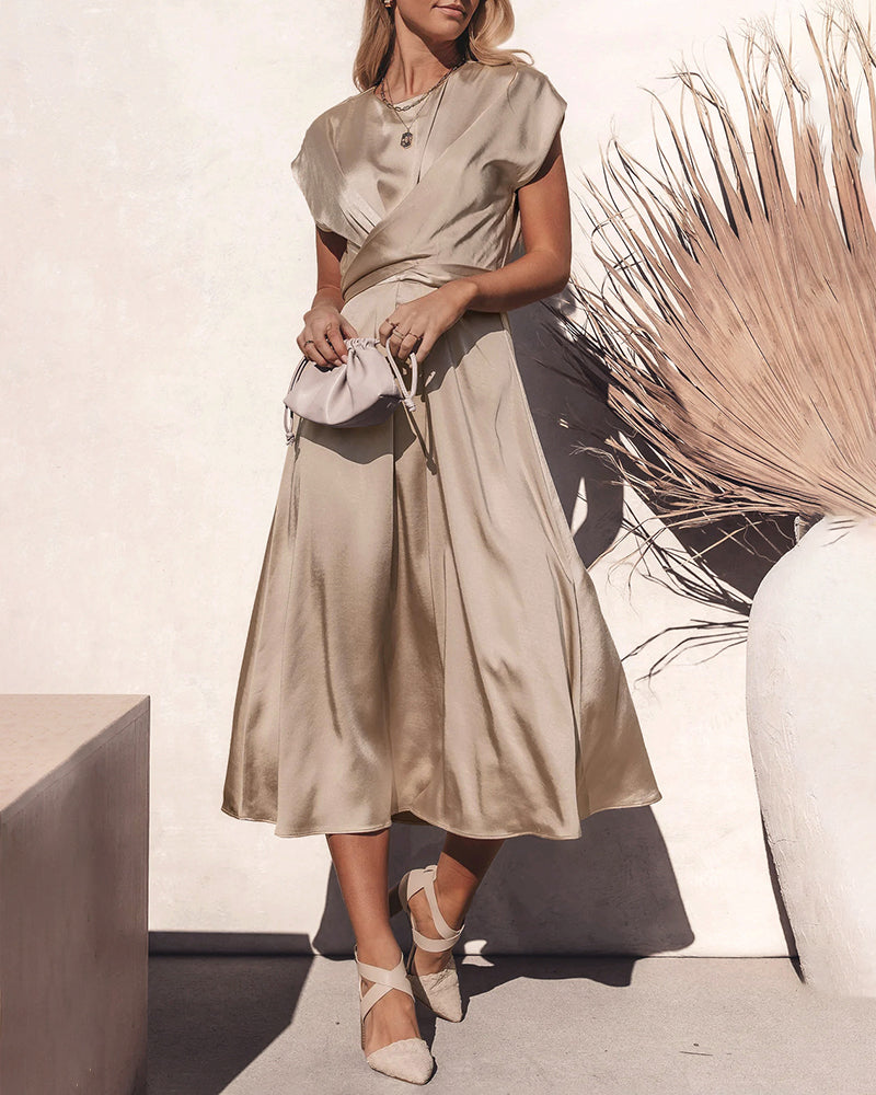 Satin Midi Dress Cap Sleeve Tie Waist Elegant A-Line Flowy Dresses - Beige M
