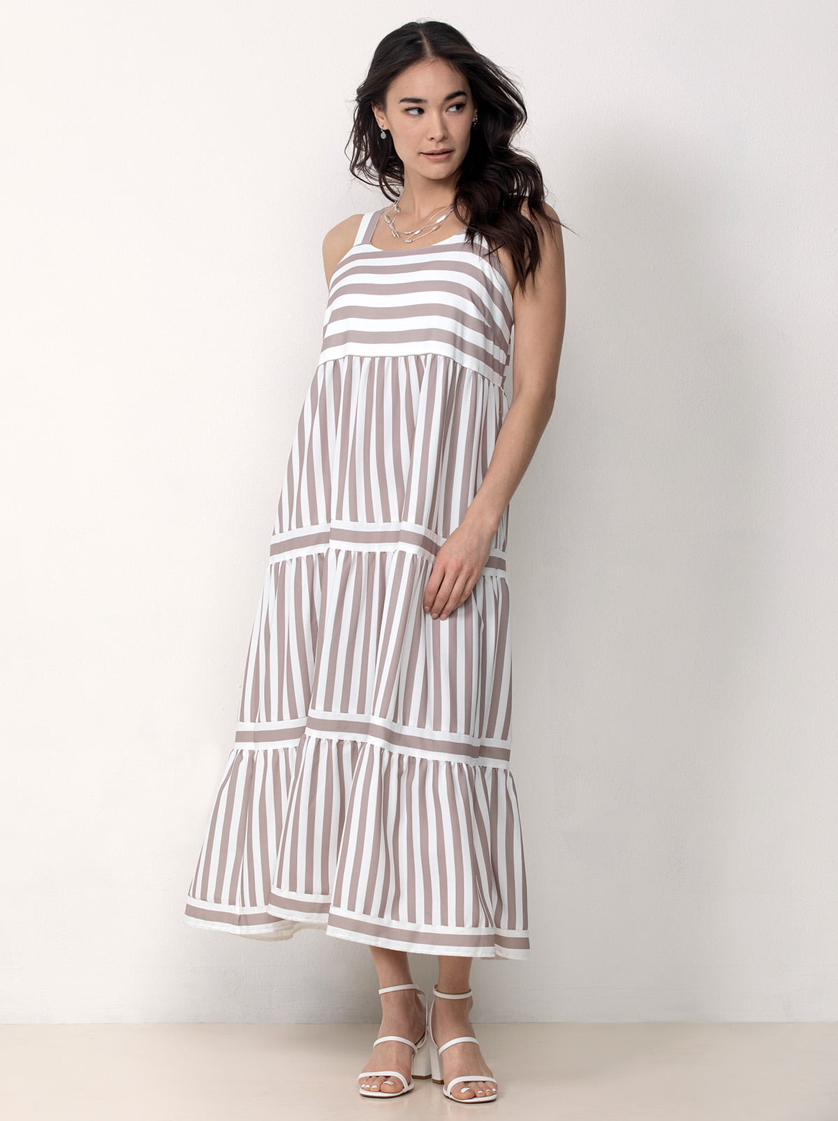 Single Stitch Striped Tiered Maxi Dress, Taupe Large