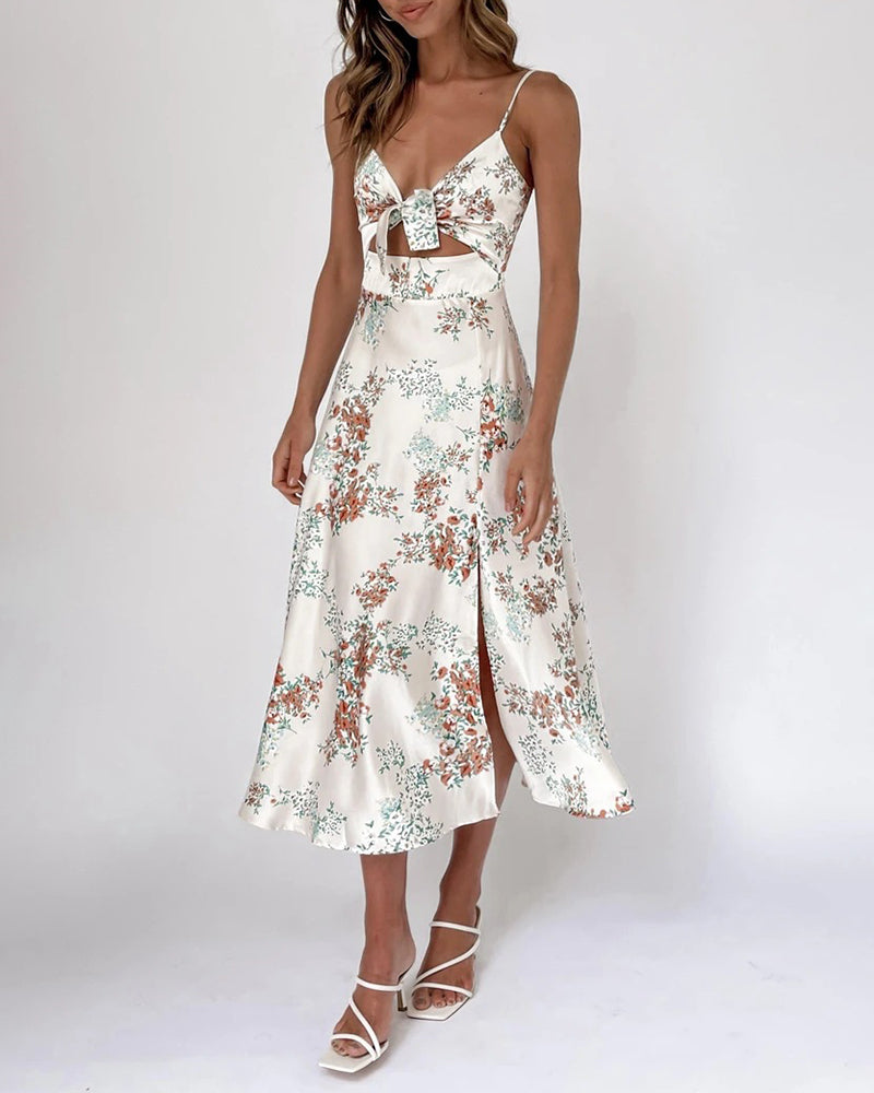 Spaghetti Strap Midi Dresses Sexy Deep V Neck Backless Floral Print Side Slit Maxi Dress - Apricot S