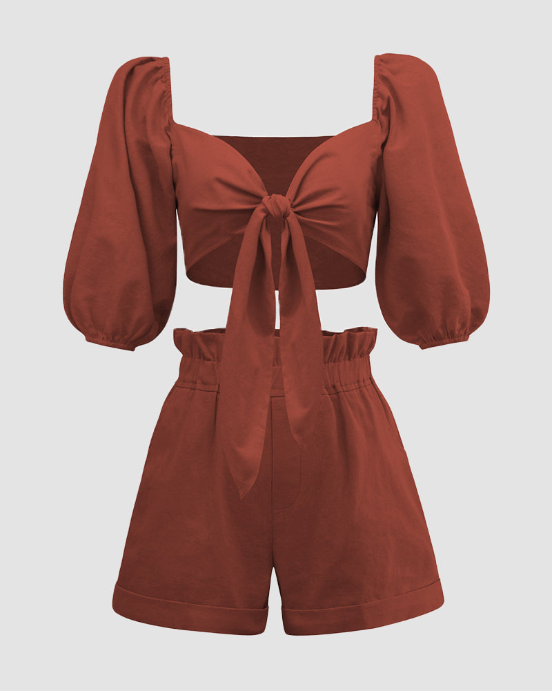Half Sleeve Knot Front Crop Cardigan Top with Shorts Sets - Caramel S
