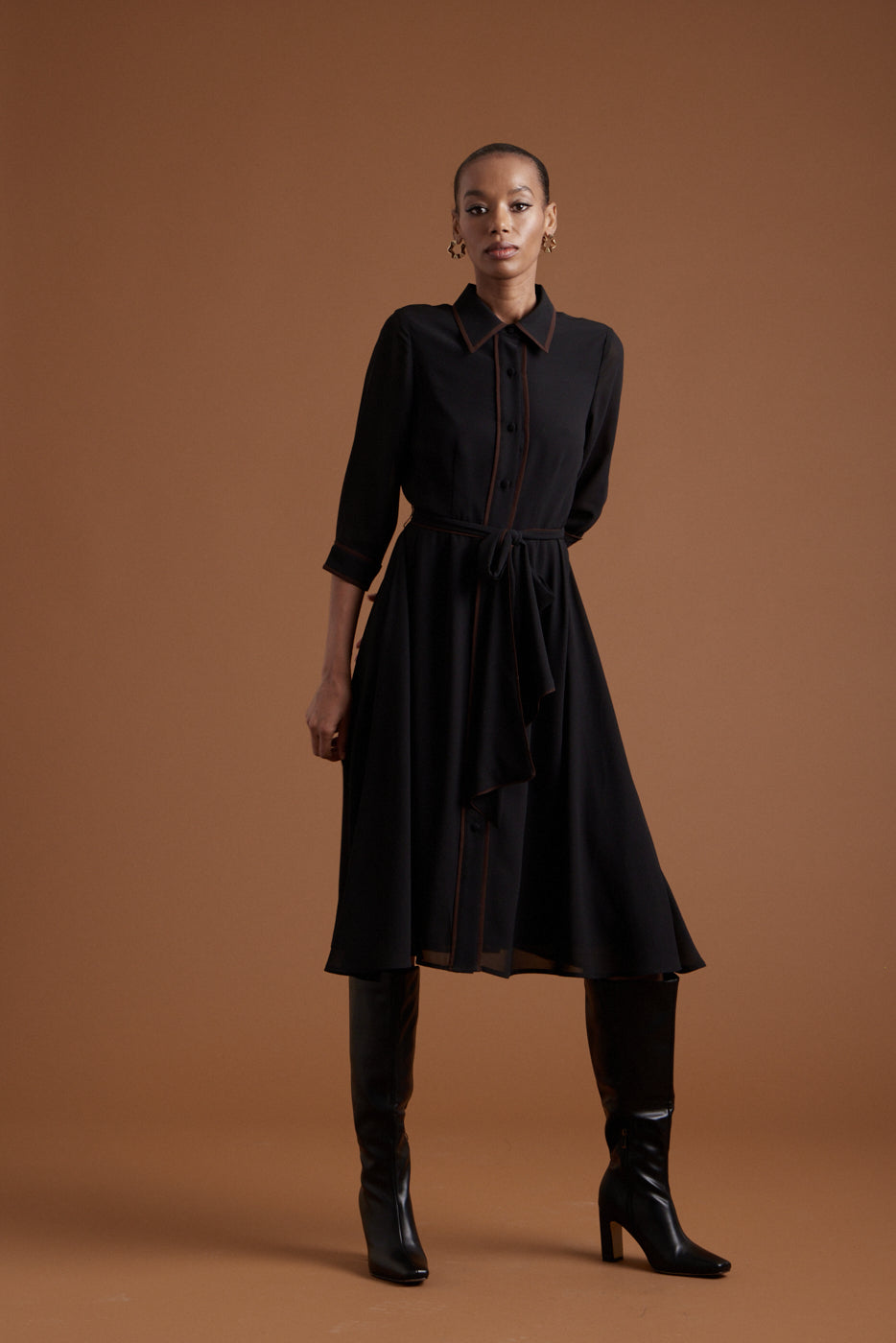Margaret Chiffon Dress - Black wChocolate Piping