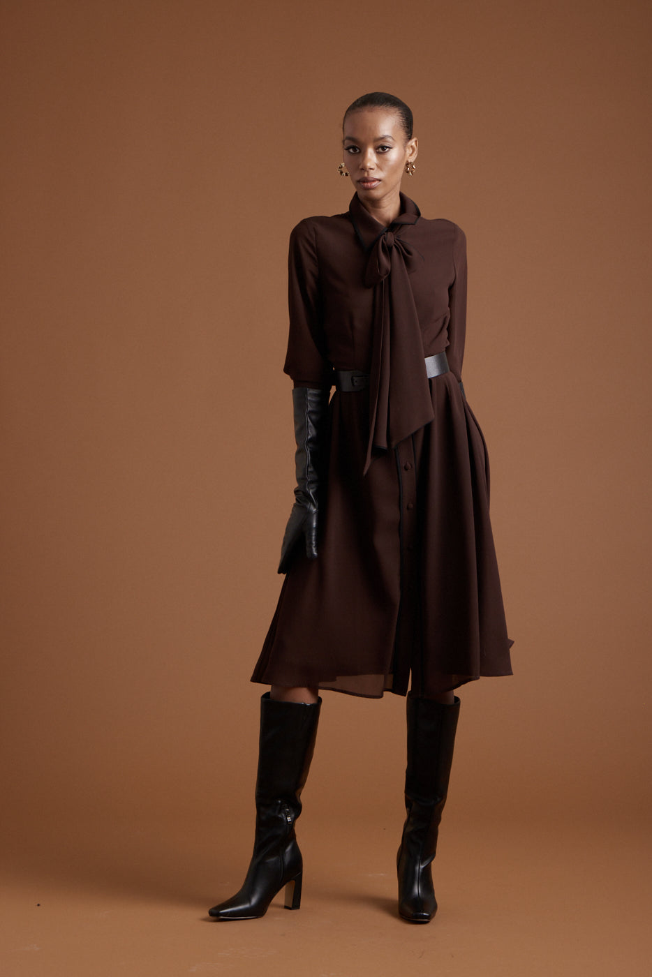 Margaret Chiffon Dress - Chocolate w Black Piping