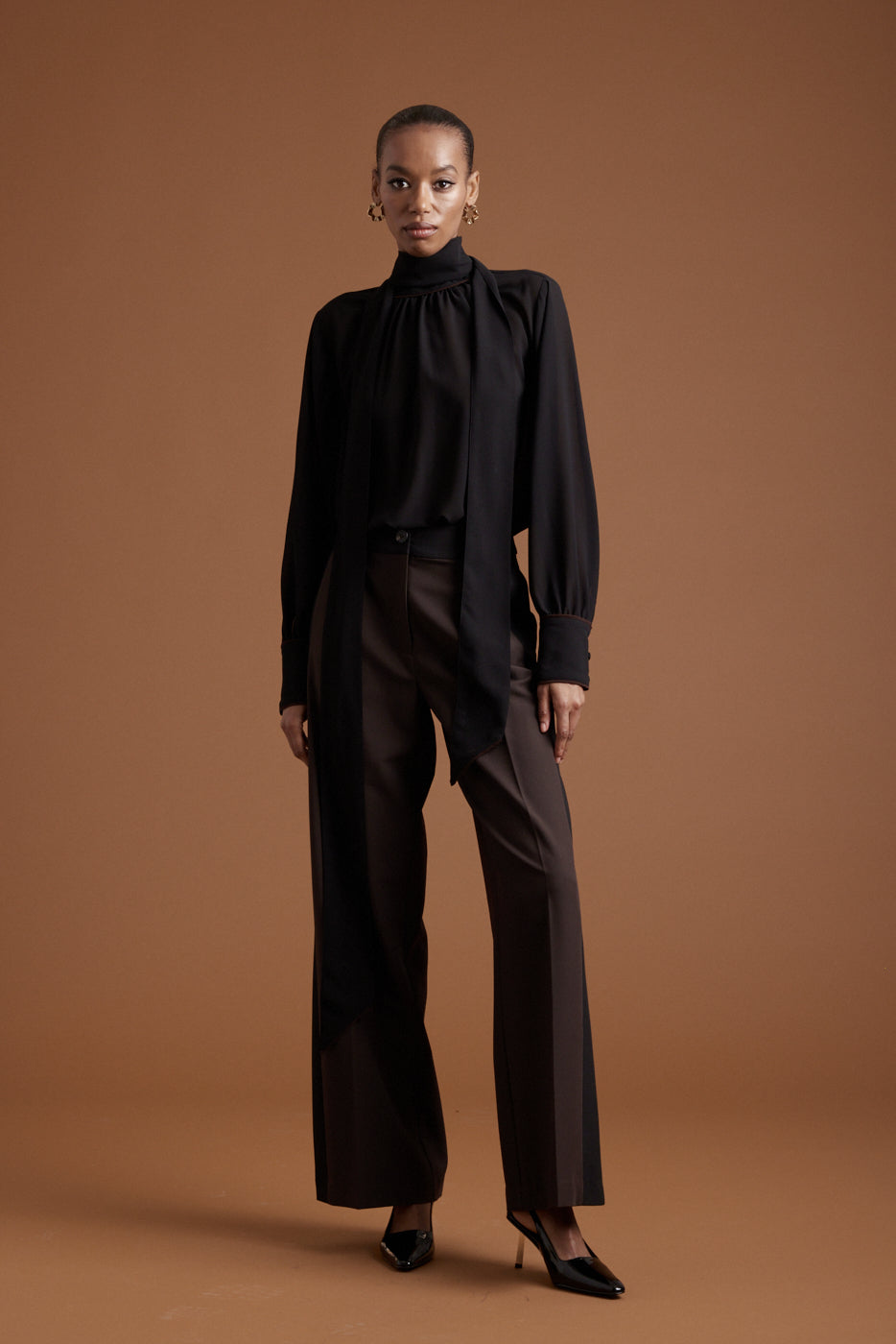 Gabriella Blouse - Black w Chocolate Piping