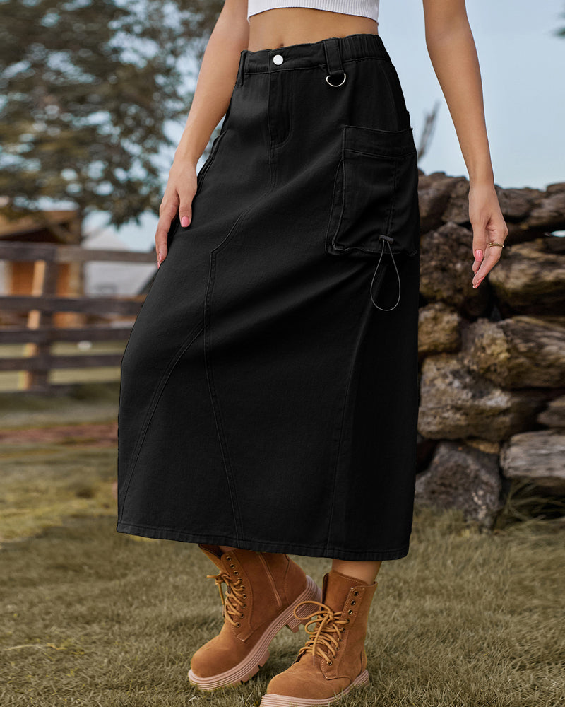 Zeagoo Women's Casual High Waist Denim Midi Skirt Drawstring Adjustable Long Jeans Skirt with Pockets - Black M